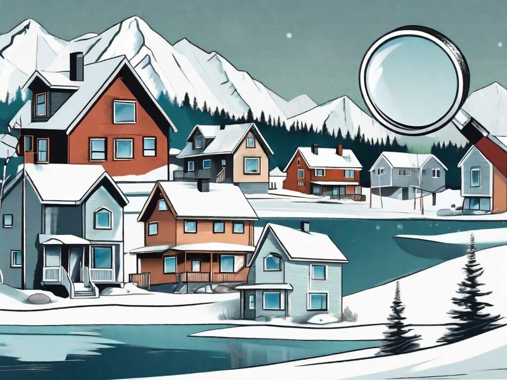 A snowy alaskan landscape with various styles of houses