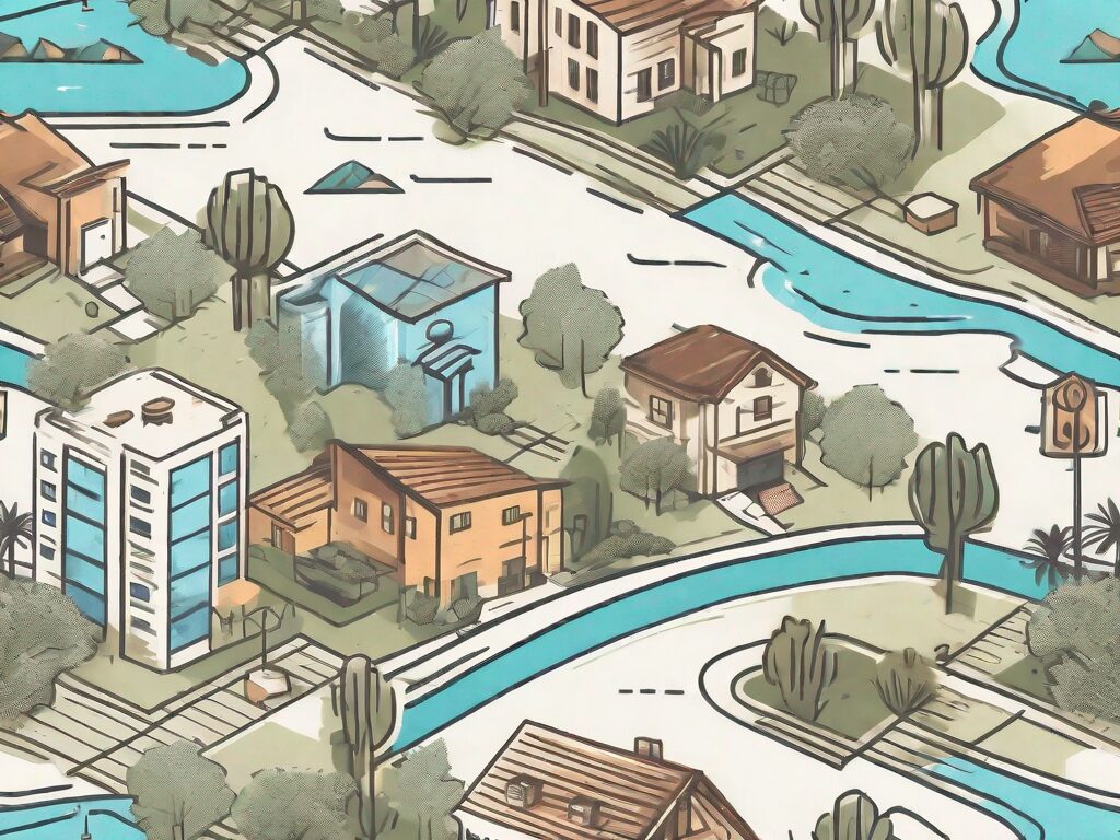 A detailed map of california with symbolic icons representing houses