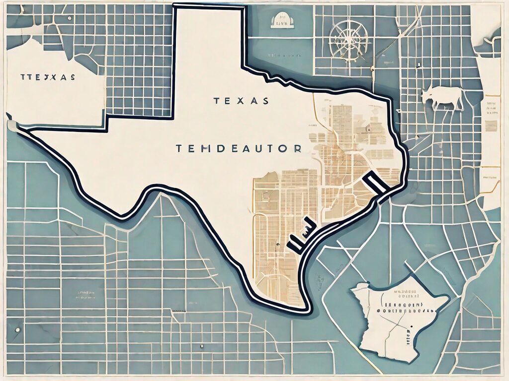 A detailed texas map with various iconic architectural styles representing different regions