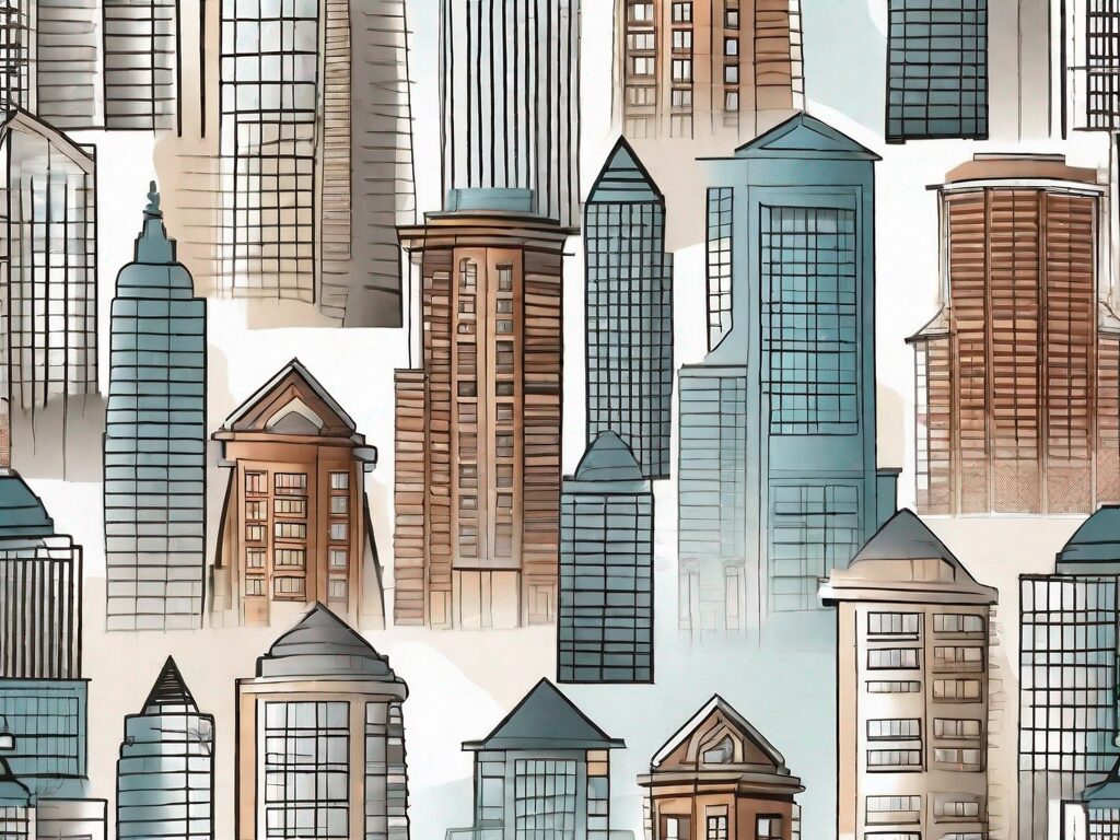 Various architectural styles of houses and skyscrapers