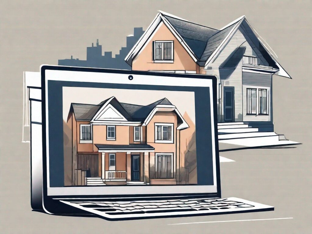 A variety of georgian-styled houses with a computer screen in the background displaying a webpage interface