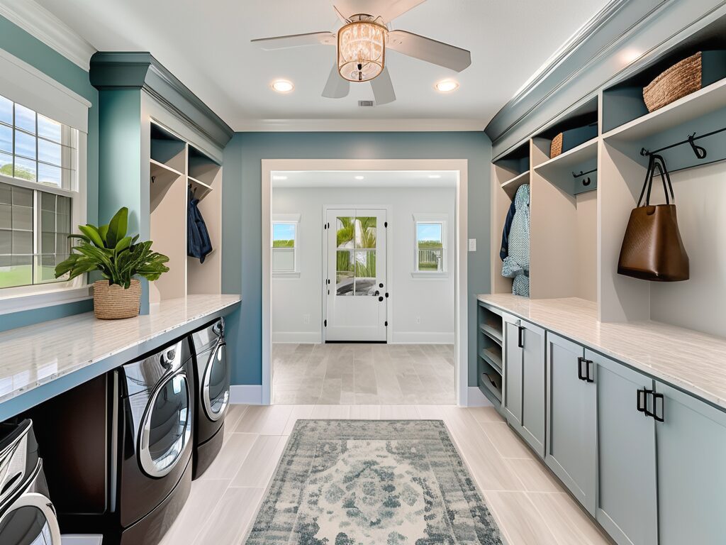 A transformed mudroom in a coastal-style home in ocean breeze