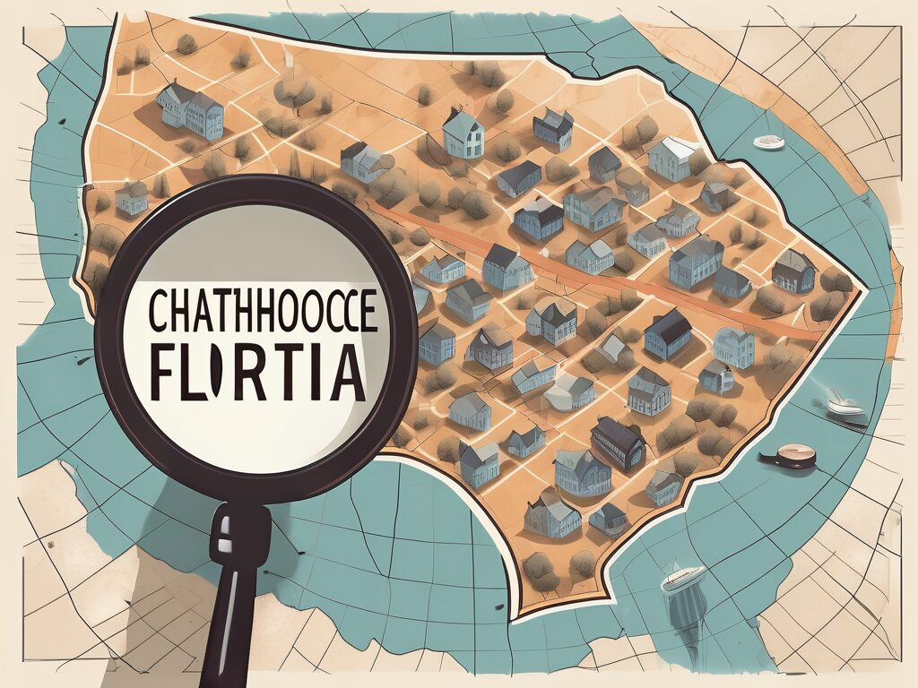 A superhero cape and a detective's magnifying glass laid over a stylized map of chattahoochee