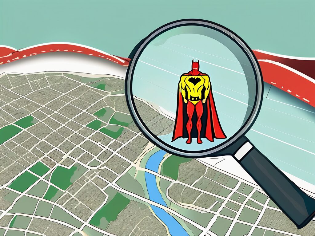A superhero cape draped over a real estate 'for sale' sign and a magnifying glass focusing on a map of cutler bay