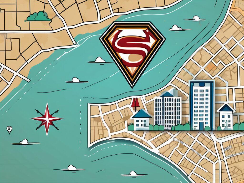 A superhero cape and a team badge placed on a map of dania beach