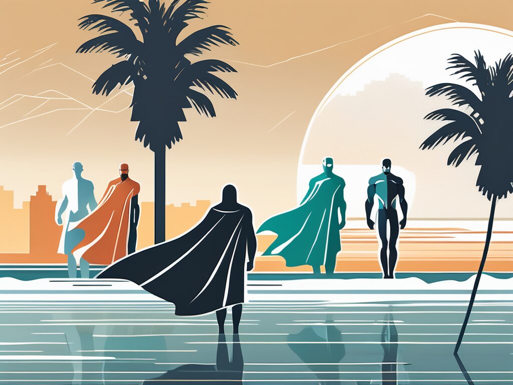 A symbolic scale balancing a team of agents (represented as abstract figures) on one side and a solitary superhero cape on the other