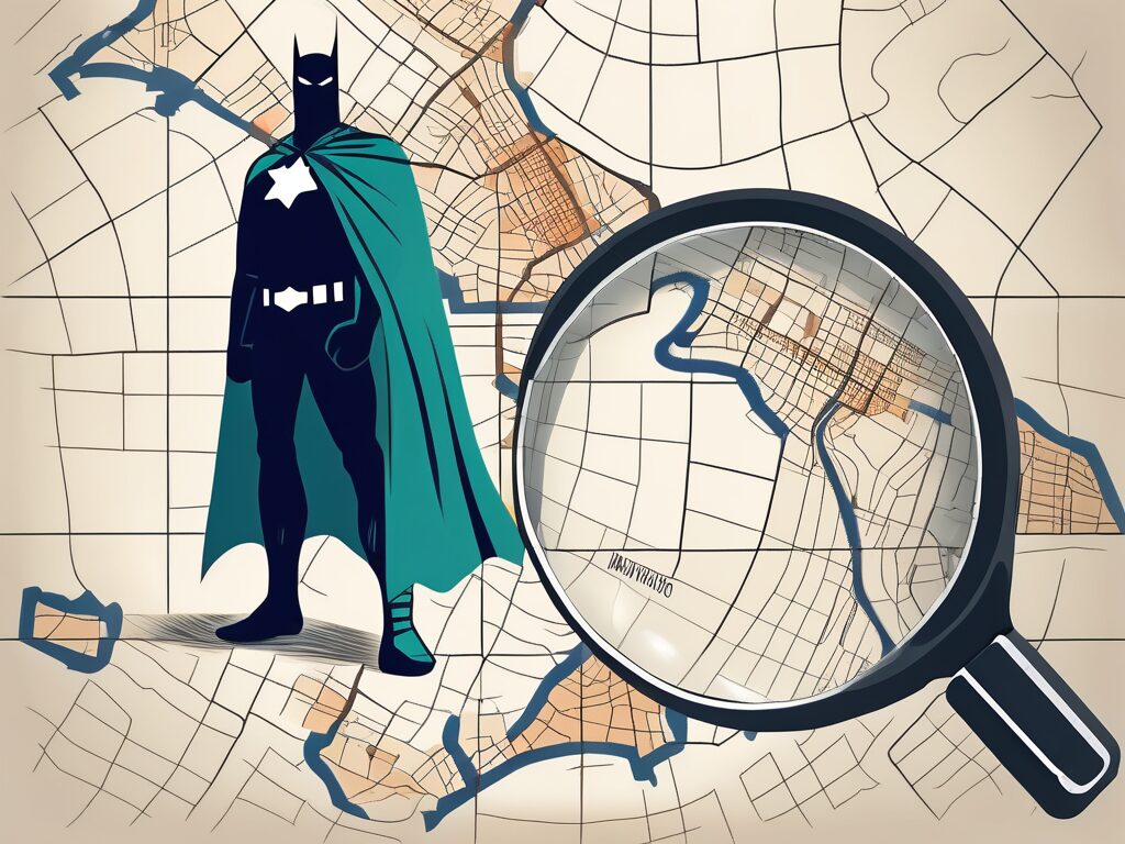 A superhero cape and a detective magnifying glass over a stylized map of montverde