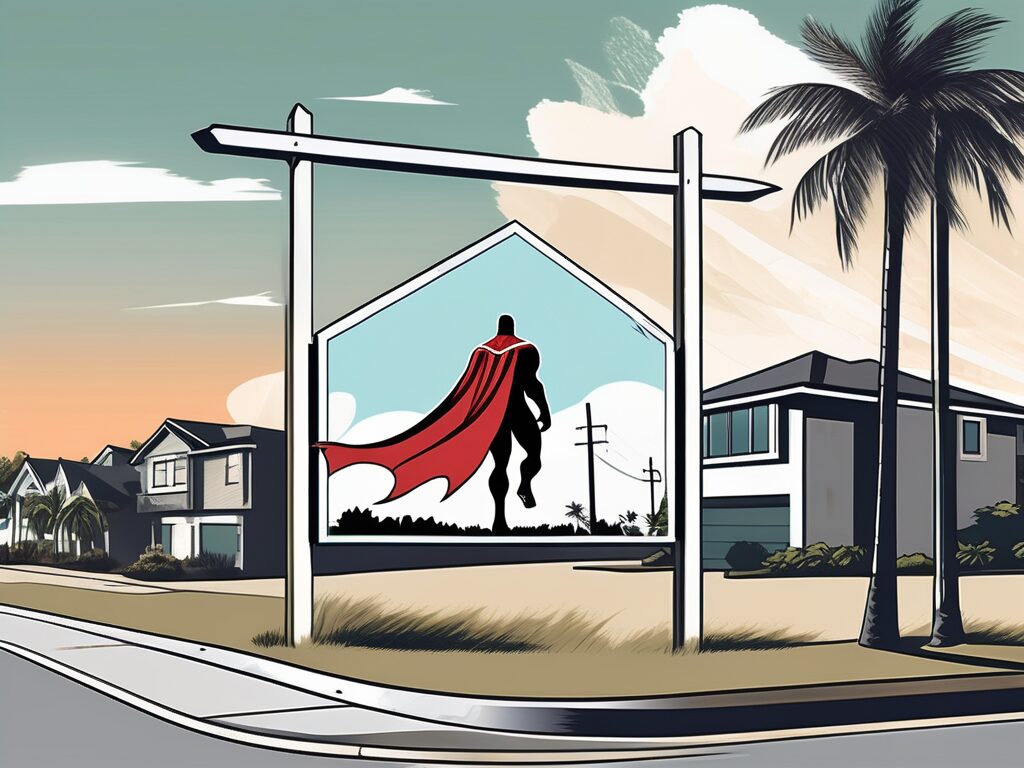A superhero cape draped over a real estate sign