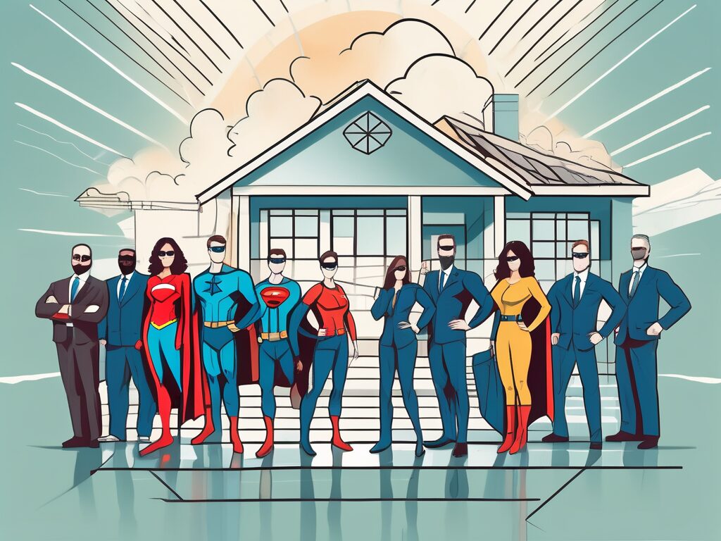 A symbolic representation of a superhero and a team of agents