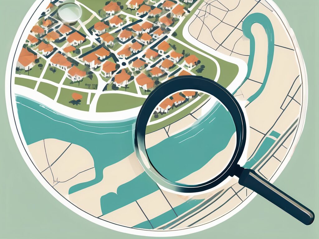 A superhero cape and a detective magnifying glass hovering over a stylized map of north palm beach