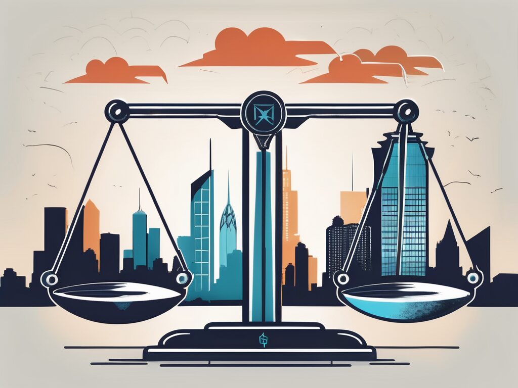 A balance scale with a team of symbolic agent icons on one side and a single superhero icon on the other