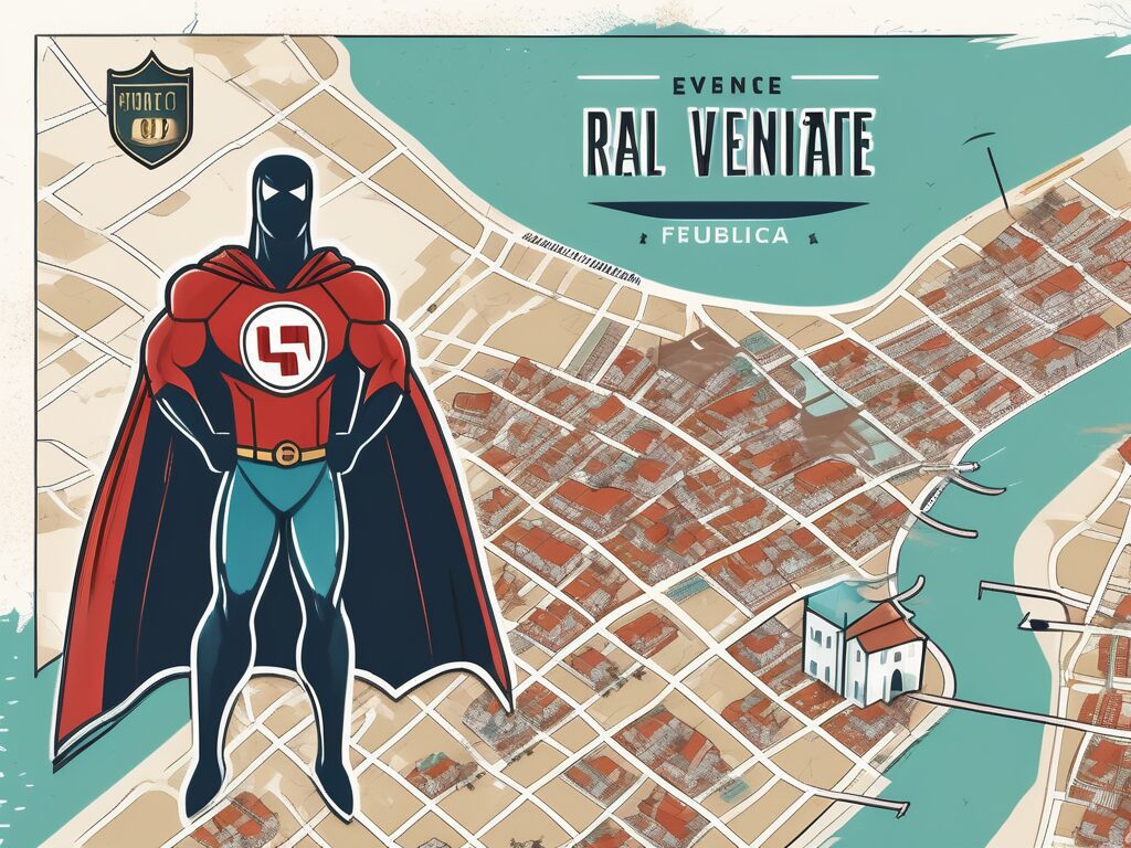 A superhero cape and a team emblem placed on a map of venice