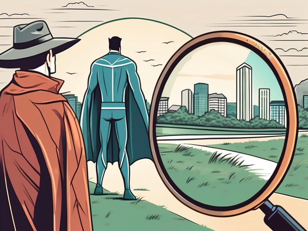 A superhero cape and a detective magnifying glass placed side by side on a backdrop of a picturesque wewahitchka