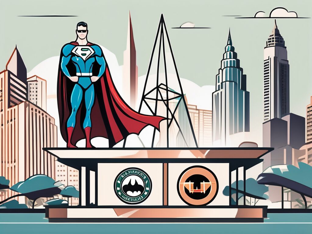 A symbolic balance scale with a superhero cape on one side and a team badge on the other