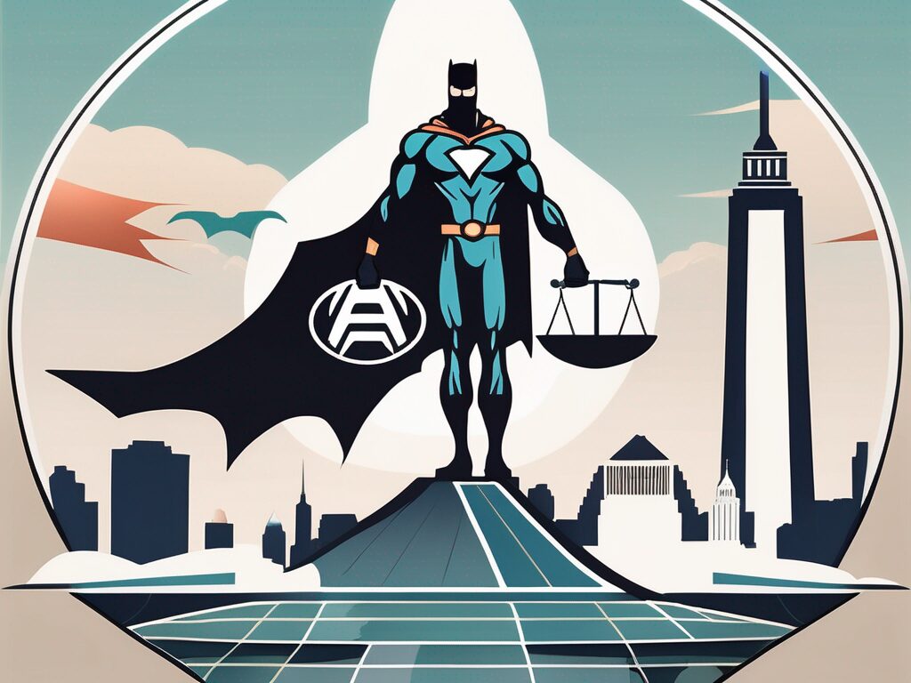 A symbolic balance scale with a superhero cape on one side and a team emblem on the other