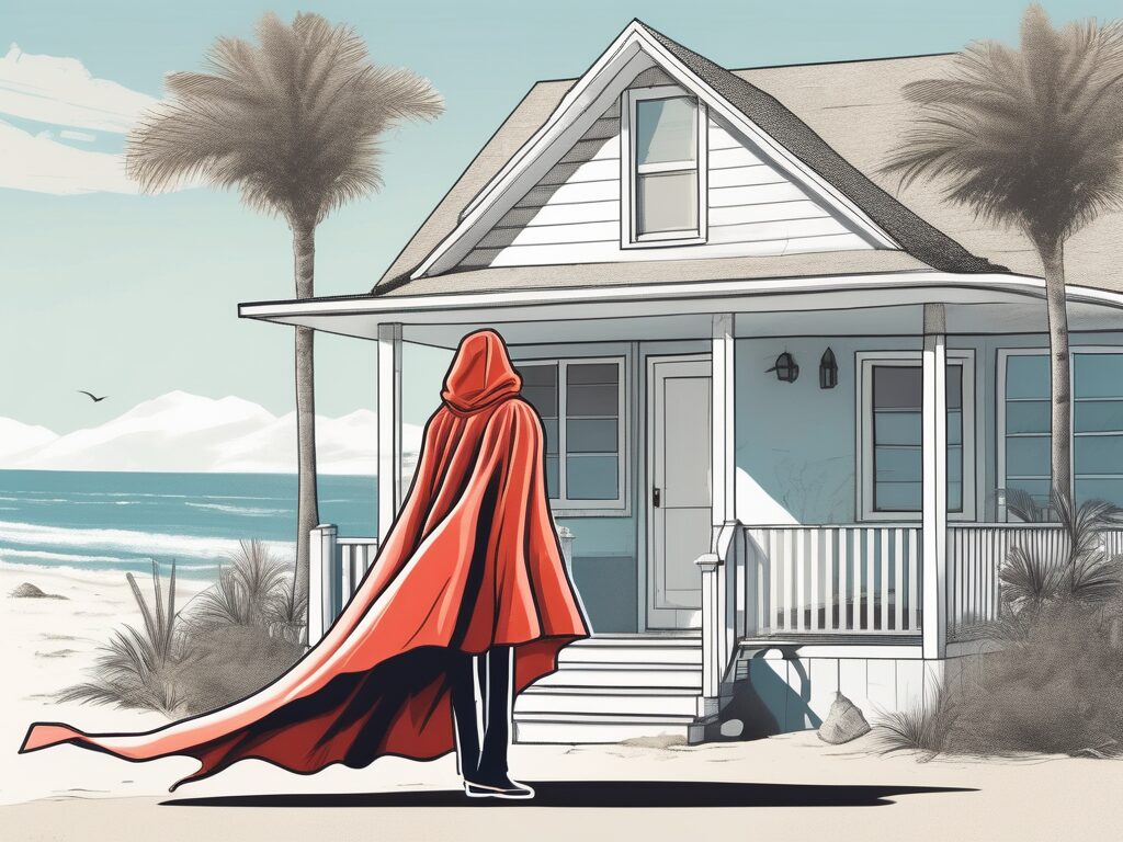 A superhero cape draped over a real estate 'for sale' sign on a sunny mexico beach