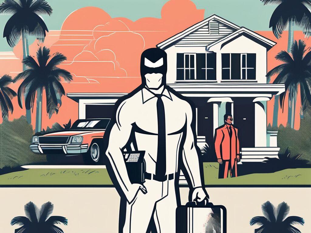 A superhero and a team of agents' symbolic items (like a cape for the superhero and walkie-talkies or briefcases for the agents) on a miami springs