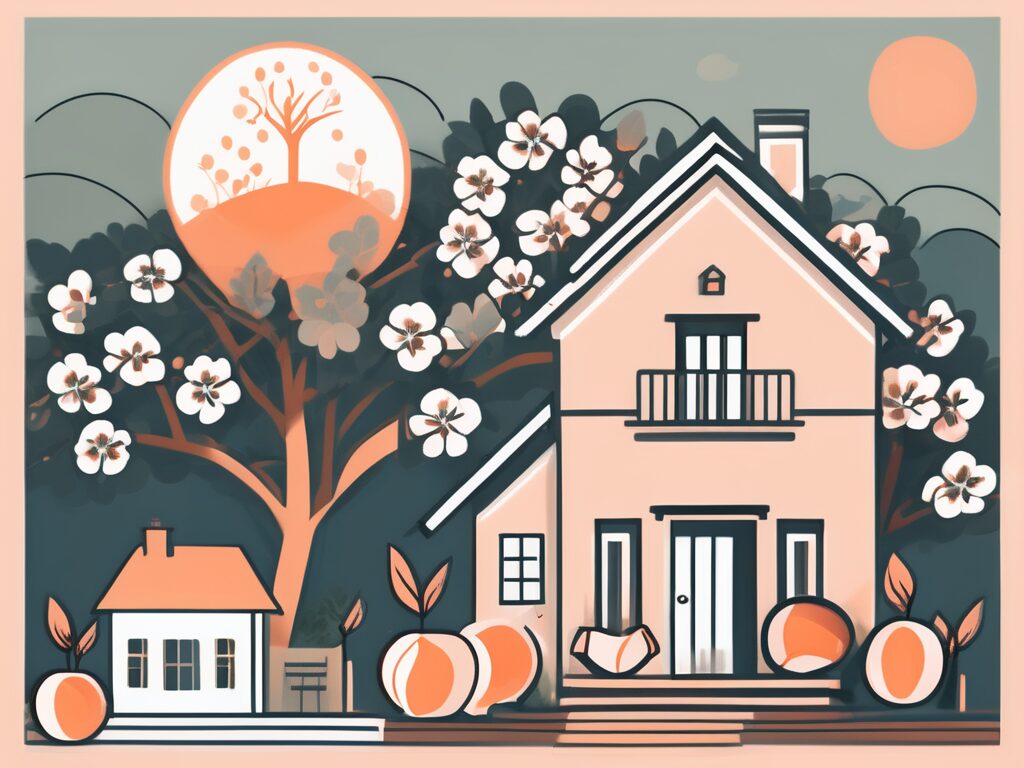 A welcoming house with a peach tree in the foreground