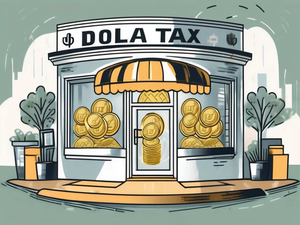 A small business storefront with a symbolic representation of money (like dollar signs or coins) being funneled into a large tax shield