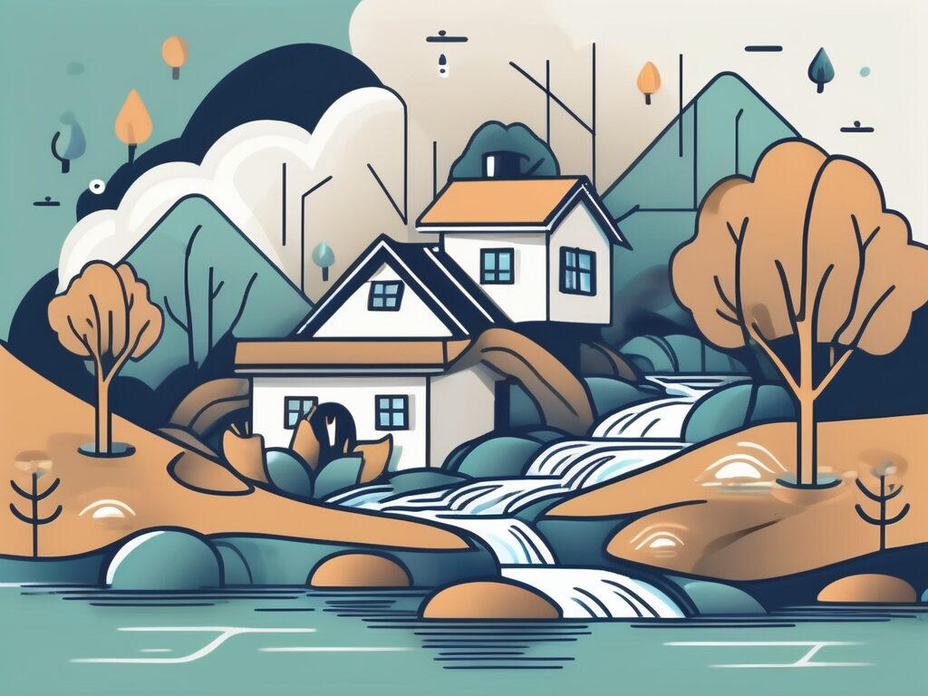 A house surrounded by a flowing stream